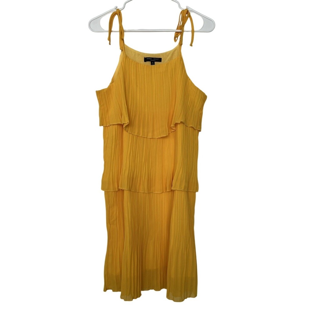 Romeo + Juliet Couture Womens S Dress Yellow Pleated Tiered Tie Shoulder Mini